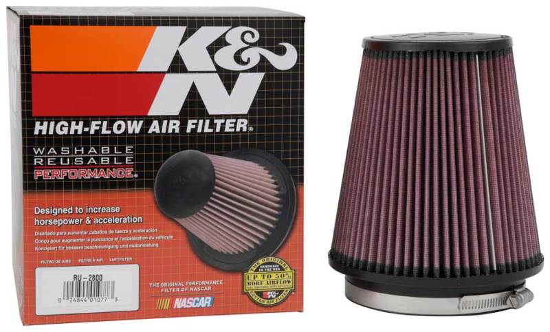 K&N Engineering universal rubber air filter with 5-inch flange, 6.5-inch base, 4.375-inch top, and 7-inch height.