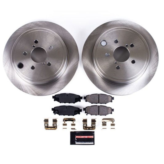 PowerStop rear OE brake kit for 2013-2016 Subaru BRZ, including brake pads and rotors, installed on the vehicle.