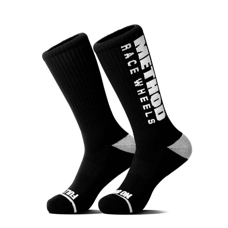 Black Method Wheels logo performance socks featuring the Method Brand logo and a comfortable, athletic design.