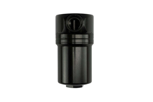 Turbosmart 10um 10AN fuel filter canister in black, a high-performance automotive fuel filter with durable black finish.
