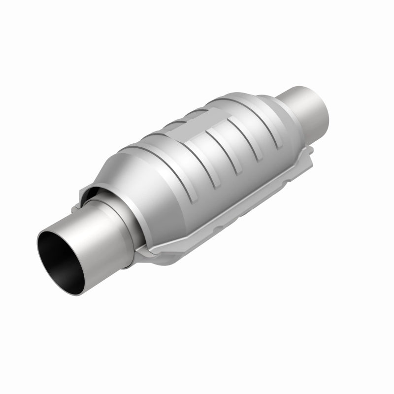 MagnaFlow universal catalytic converter with 2.25-inch inlet, OEM CARB compliant, metal body, and mounting brackets for vehicle exhaust.