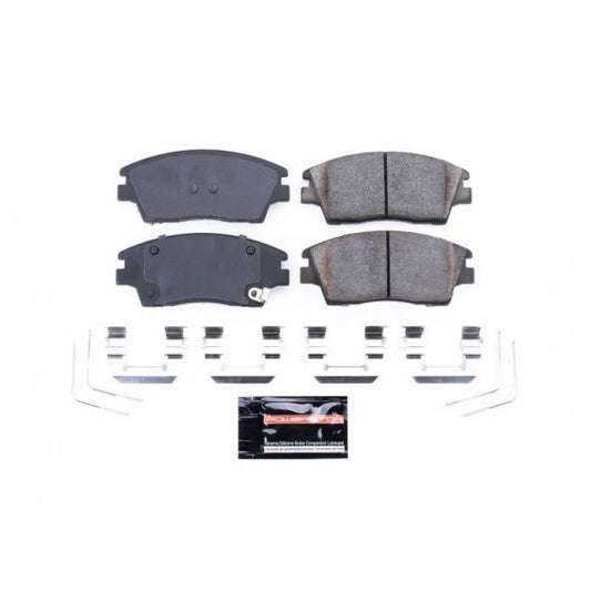 PowerStop Z23 Evolution Sport front brake pads for 2017-2019 Hyundai Elantra, shown with mounting hardware.