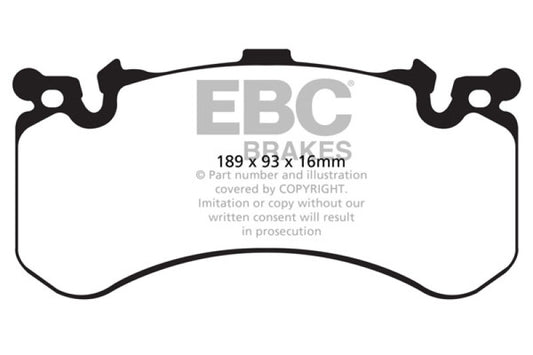 EBC Redstuff front brake pads for Audi A8 Quattro 6.3, performance cast iron rotors, designed for high braking performance.