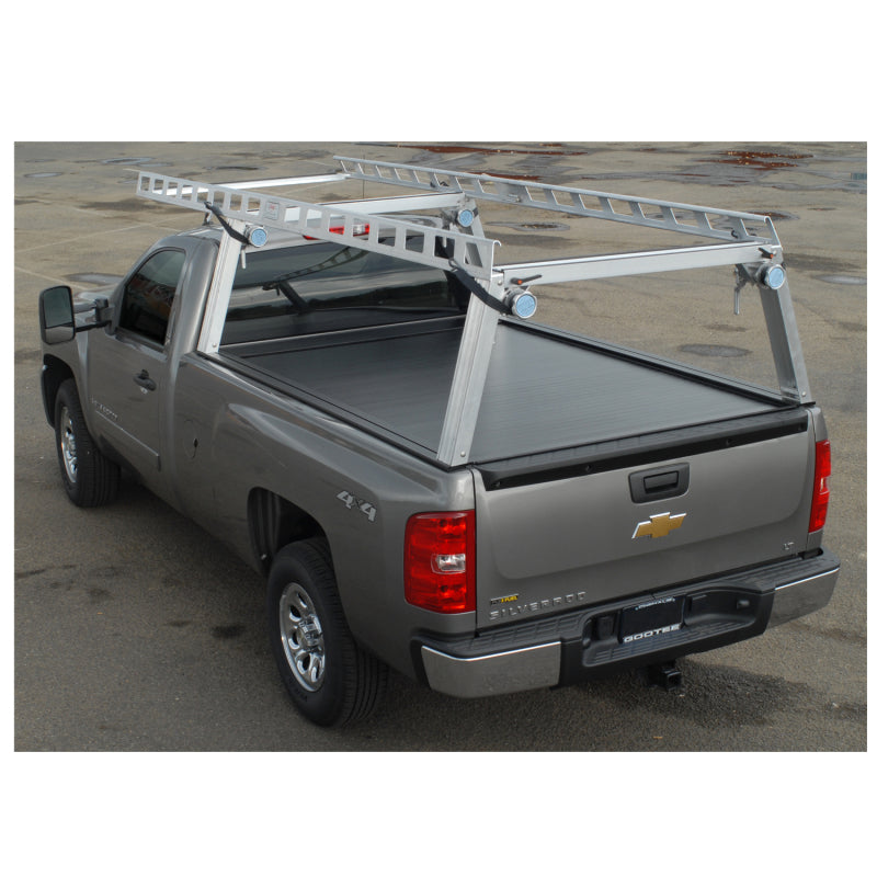Pace Edwards BedLocker retractable bed cover on 8ft Chevy/GMC Silverado HD 2500/3500 with Explorer Rails, dual rear wheel truck shown.