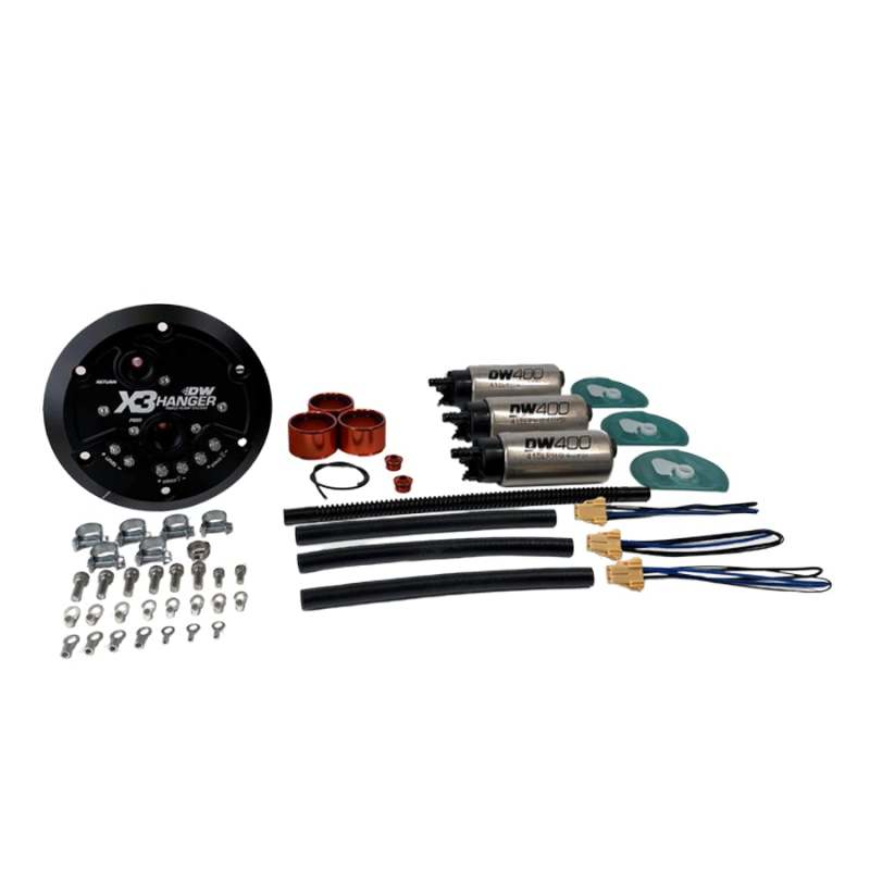 DeatschWerks X3 Series fuel pump hanger with DW400 fuel pumps for 1999-2004 Ford F-150 Lightning, showing the assembled fuel pump assembly.