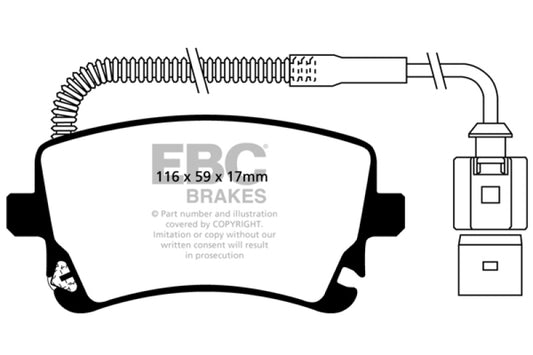 EBC Redstuff performance rear brake pads for Audi A6 Quattro 3.0 Supercharged, showing the red brake pad material and backing plate.