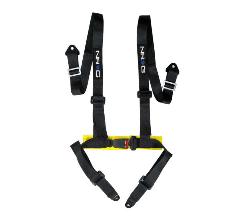 NRG black 4-point seat belt harness with buckle lock, racing harness for added safety and secure fit in vehicles.