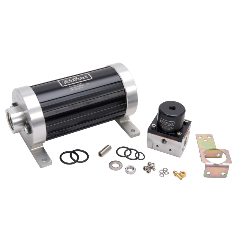 Edelbrock fuel pump kit with 1794 pump and 1729 regulator for EFI, supports up to 1500 horsepower, shown in the image.