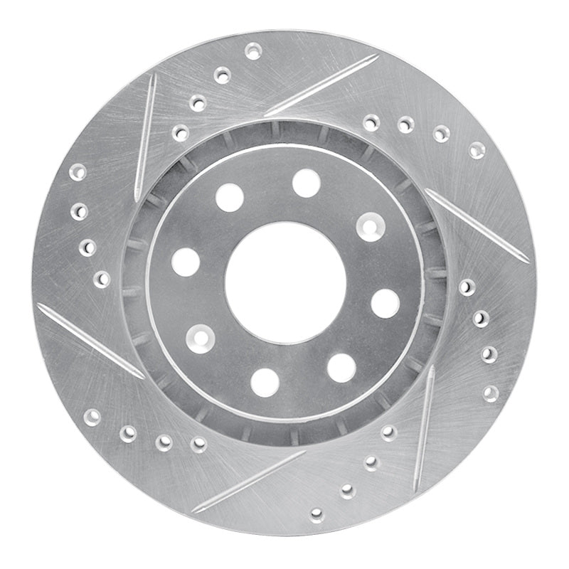 R1 Concepts Chevrolet AVEO front left drilled and slotted silver brake rotor for models 04-17, enhances braking performance.