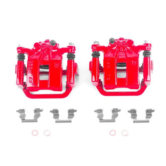 Pair of PowerStop rear red brake calipers with brackets for 2008-2013 Nissan Rogue, performance brake calipers for enhanced stopping power.