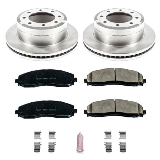 PowerStop OE brake rotors for Ford F-350 Super Duty rear brake kit, showing clean, new disc rotors with vented design.