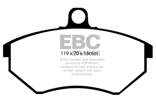 EBC Redstuff front brake pads for Volkswagen Cabriolet 1.8, high-performance brake pads with red friction material.