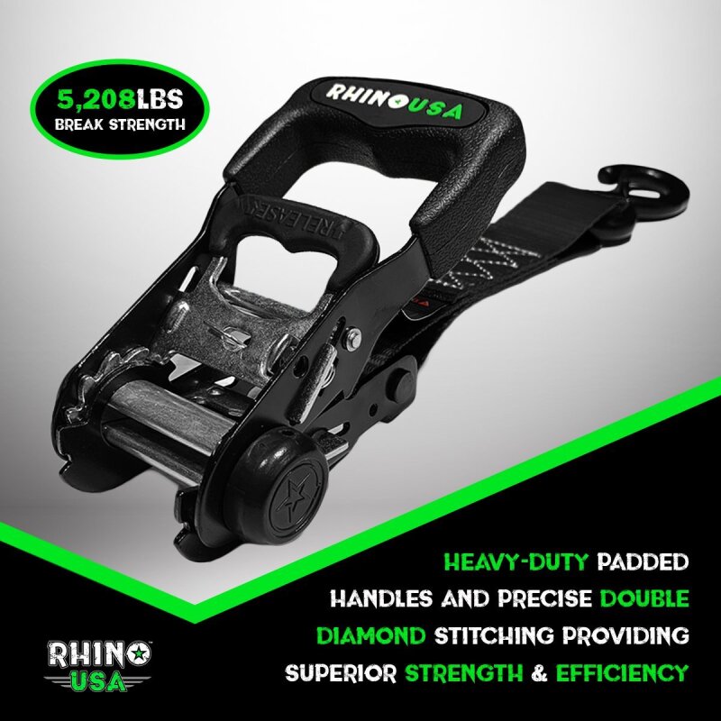 Rhino USA heavy duty blue ratchet tie-downs, 4-pack, 1.6-inch x 15-foot cargo straps with metal ratchets for securing loads.