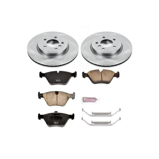 PowerStop OE front brake kit for BMW Z4 2006-2008, including brake rotors and calipers, installed on the vehicle.
