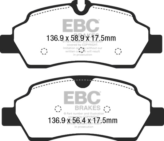 EBC 15+ Ford Transit 2.2 TD Ultimax2 rear brake pads, OE style, showing black friction material and metal backing plates.
