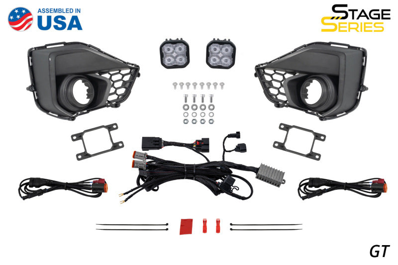 Diode Dynamics yellow fog lamp kit for 2027 Ford Mustang GT SS3, featuring compact light bars and cubes for enhanced visibility.