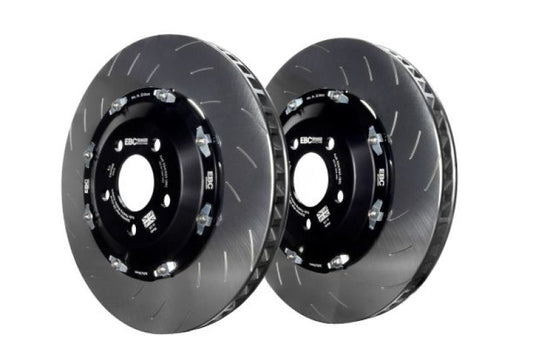 Pair of EBC Racing 330mm brake rotors for Ford Fiesta ST Mk7, 12-17, 2-piece BBK complete assembly with disc rings.