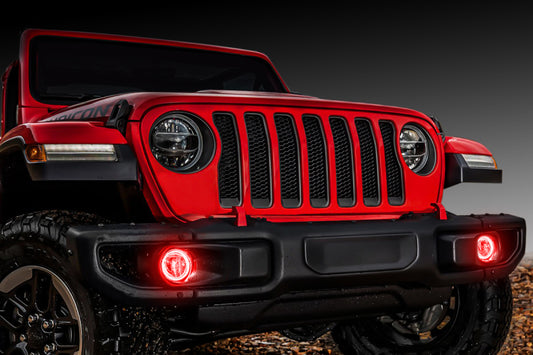 Oracle LED surface mount fog light halo kit with red rings for Jeep Wrangler JL and Gladiator JT, designed for enhanced visibility.