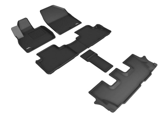 Black 3D MAXpider rubber floor mats for 2020 Kia Telluride, covering 1st, 2nd, and 3rd rows with textured surface