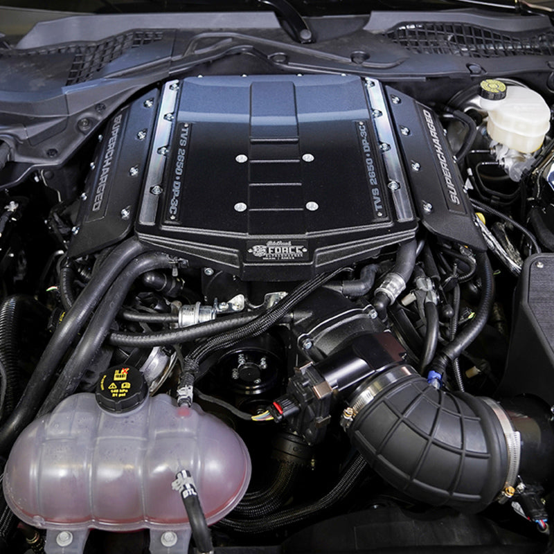 Edelbrock Supercharger Stage II for 2018-2019 Ford Mustang 5.0L Coyote engine, shown in the product image.