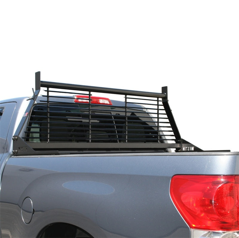 Black Westin headache rack installed on Chevrolet, Ford, GMC, and Toyota Silverado and Sierra 1500, 2500, 3500 HD trucks.