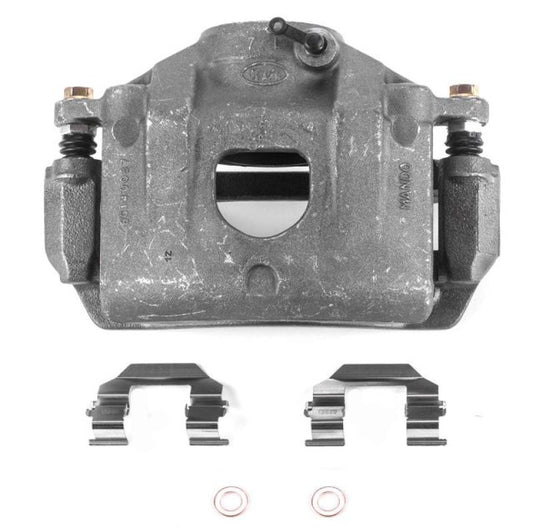 PowerStop OE front left brake caliper with bracket for Kia Spectra 2004-2005, showing the metallic caliper and mounting bracket.