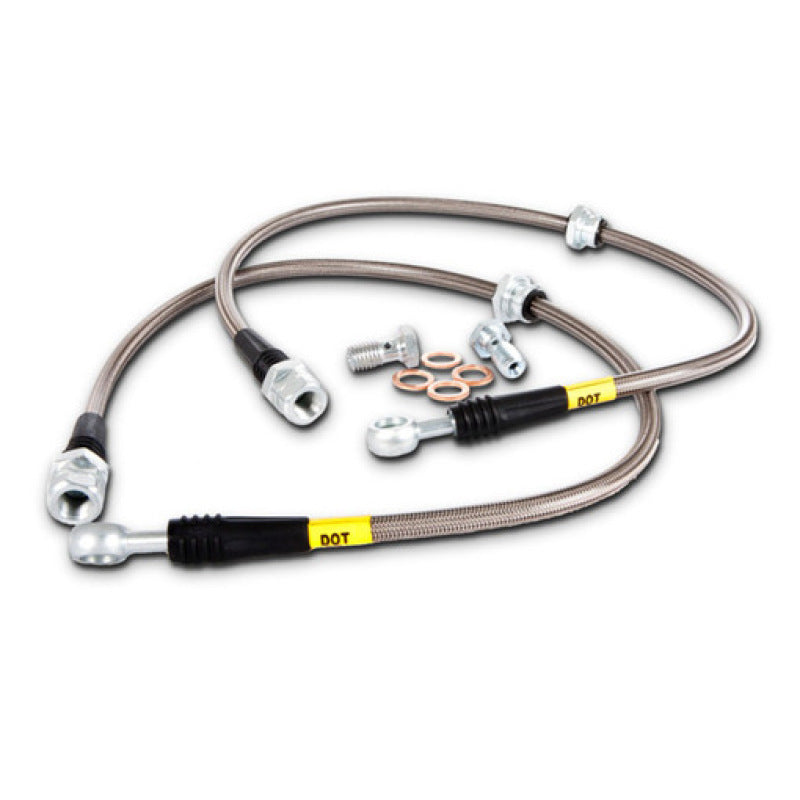 StopTech stainless steel front brake lines kit for 2006-2007 Chrysler 300C SRT-8, showing detailed brake line components.