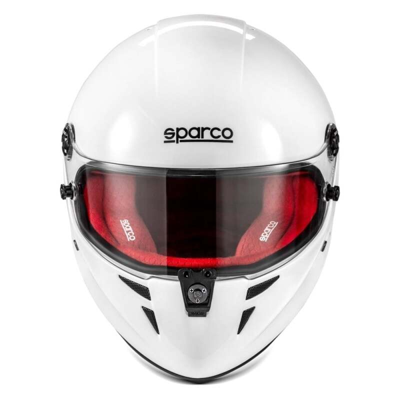 SPARCO Stealth RF helmet in white and red, X small size, lightweight racing helmet with aerodynamic design and safety features.