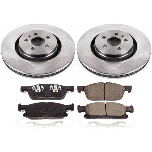 PowerStop OE brake kit for 2015-2019 Ford Edge front brakes with brake pads and rotors installed.