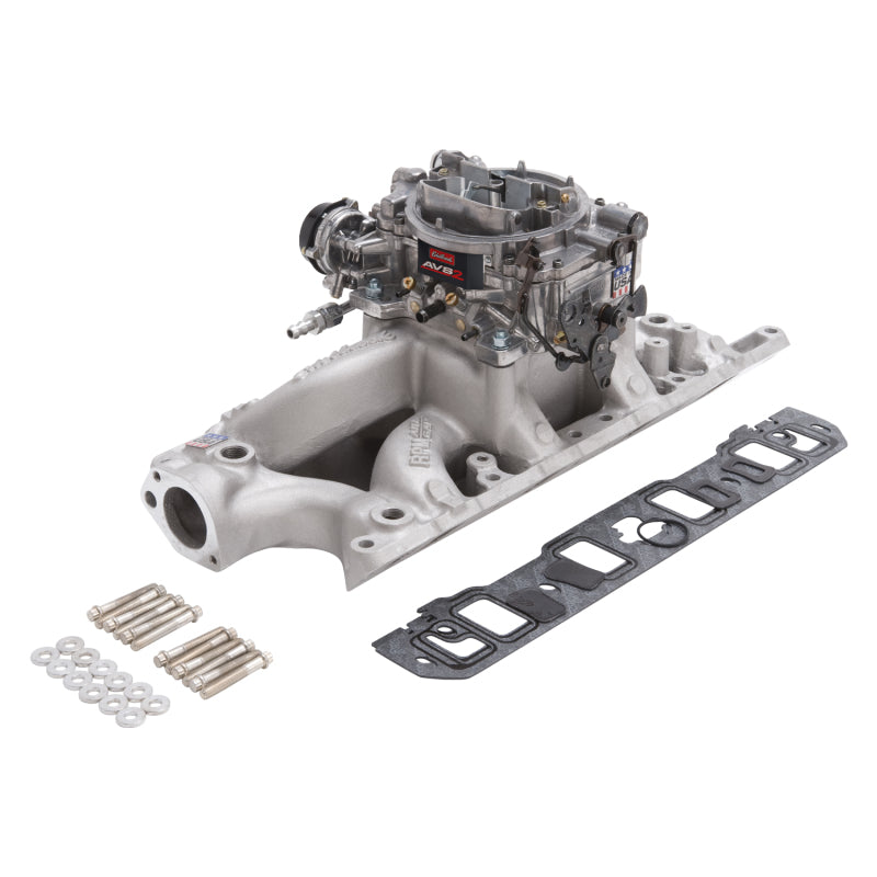 Edelbrock Performer RPM Air-Gap intake manifold and carb kit for small block Ford 289-302 engines, natural finish, detailed view