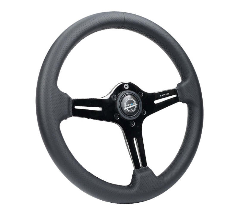 NRG light weight gaming steering wheel with perforated leather, black chrome silver spokes, and quick release adapter.