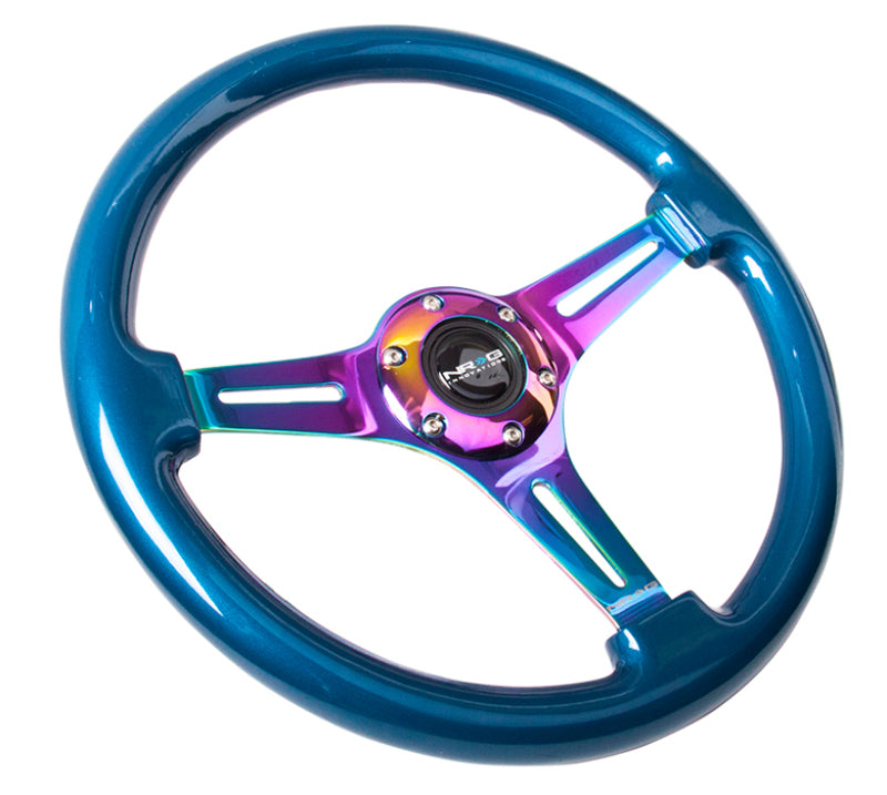 NRG Classic Wood Grain Blue Pearl Flake 350mm steering wheel with Neochrome 3-spoke center, designed for automotive customization.