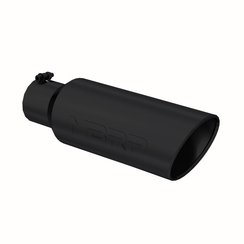 MBRP black coated 6-inch OD rolled end exhaust tip with 4-inch inlet and 18-inch length for universal vehicle exhaust systems.
