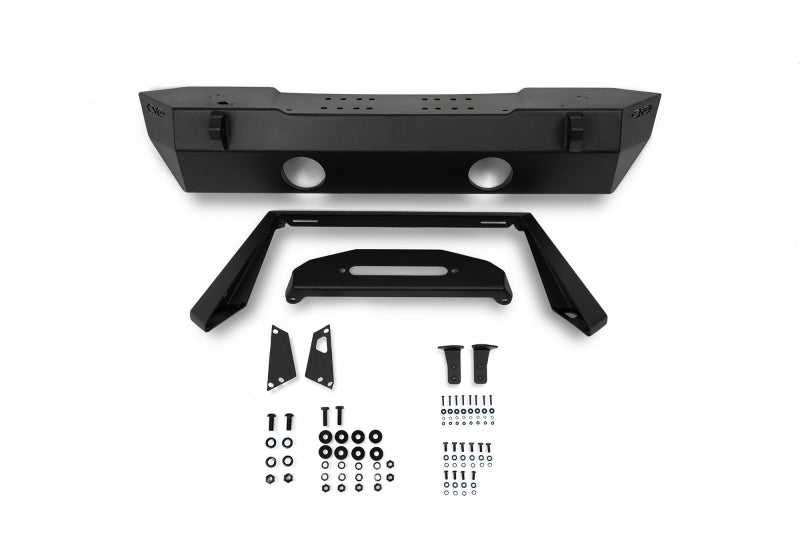 DV8 Offroad steel stubby front bumper with plated bull bar on Jeep Wrangler and Gladiator JT/JK/JL model, rugged off-road design.