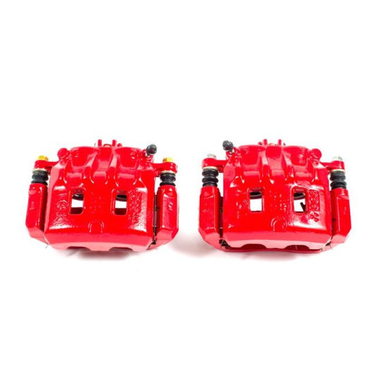 Pair of PowerStop red front brake calipers with brackets for 2002-2003 Subaru Impreza, performance brake calipers.