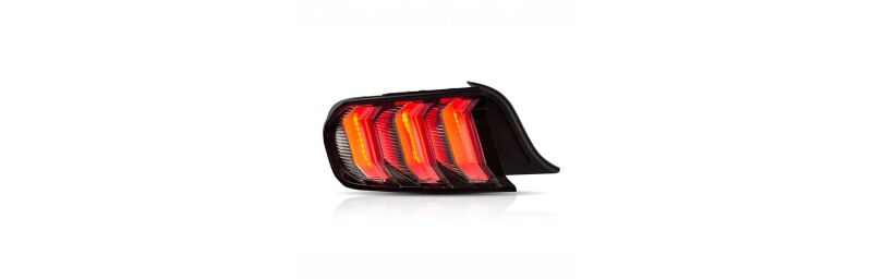 Raxiom Ford Mustang Euro Style LED tail lights with gloss black housing and red lenses for 2015-2023 models.