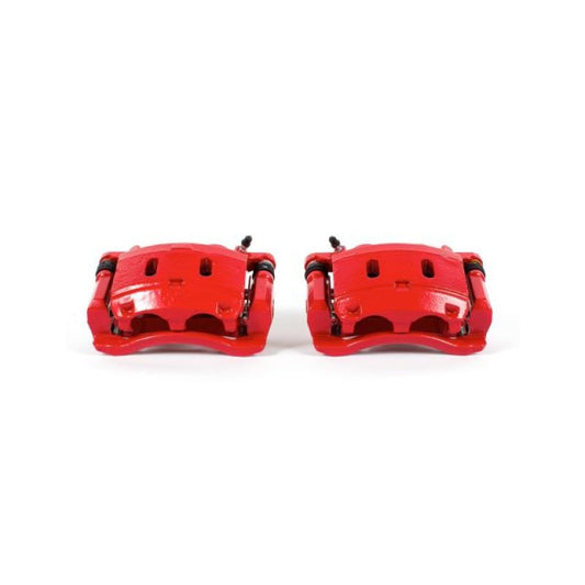 Pair of PowerStop red front brake calipers with brackets for Infiniti QX56 (2006-2013), performance replacement brake calipers.