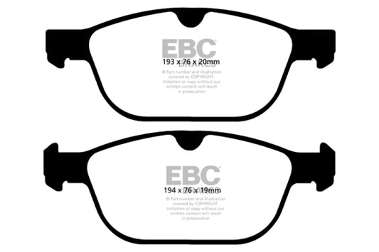 EBC 08+ Volvo XC60 3.0 Turbo Redstuff front brake pads for high-performance stopping power, shown in a close-up image.