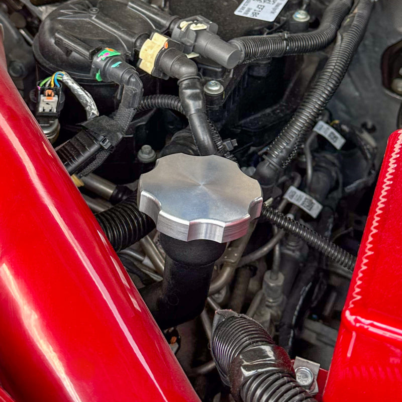 Wehrli 6.7L Power Stroke Ford oil fill cap in clear anodized billet aluminum, designed for durable engine oil filling.