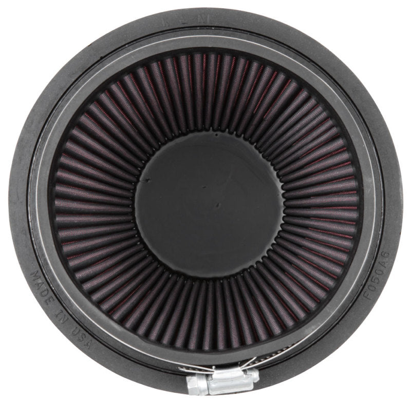 K&N Engineering universal rubber air filter with 5-inch flange, 6.5-inch base, 4.38-inch top, and 7-inch height