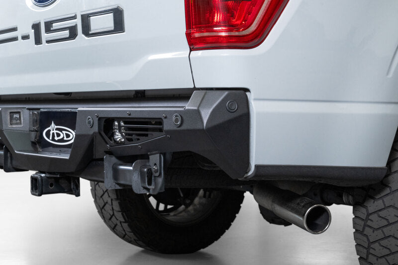 Addictive Desert Designs steel rear bumper for 2021-2023 Ford F-150 Bomber model, rugged, durable truck bumper with steel construction.