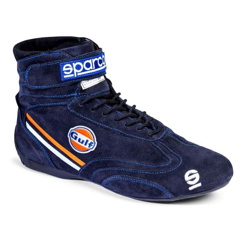 Sparco Gulf NVY/ORG racing shoes in size 46, featuring navy and orange design with racing shoe details and branding.