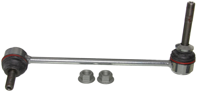 Moog front left sway bar endlink for BMW X5 2007-2018, close-up of black metal sway bar link with mounting bushings.