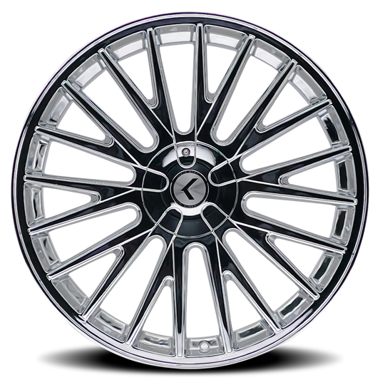 Chrome Kraze KR185 Double Down 20x8.5 cast wheel with 5x112/120 bolt pattern and 38mm offset, 73mm hub diameter, displayed on a vehicle.