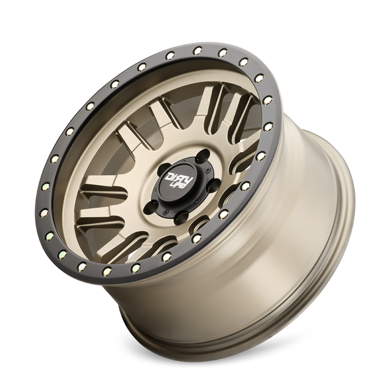 Dirty Life Canyon Pro 17x9 satin gold beadlock wheel with cast construction, 6x139.7 bolt pattern, -12mm offset, 106mm hub.