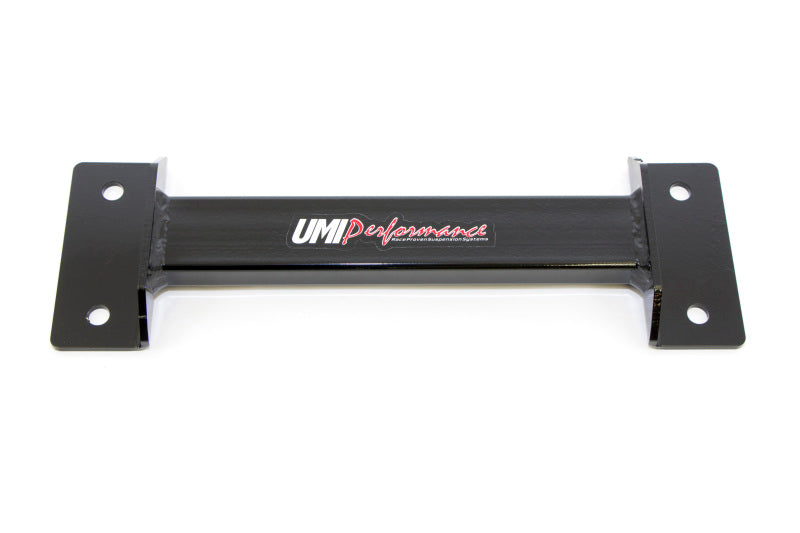 UMI Performance tunnel brace for 2008-2009 Pontiac G8 and 2010-2013 Camaro suspension, shown in black metal with mounting points