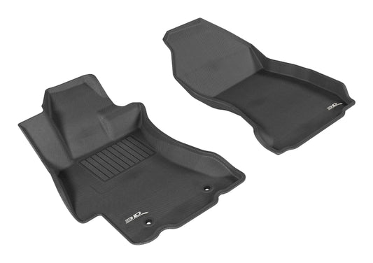 Black 3D MAXpider rubber floor mats for 2012-2019 Subaru Impreza, XV Crosstrek, WRX, and STI first row interior.