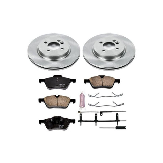 PowerStop OE brake kit for Mini Cooper front brakes, featuring brake rotors and pads in a close-up view.