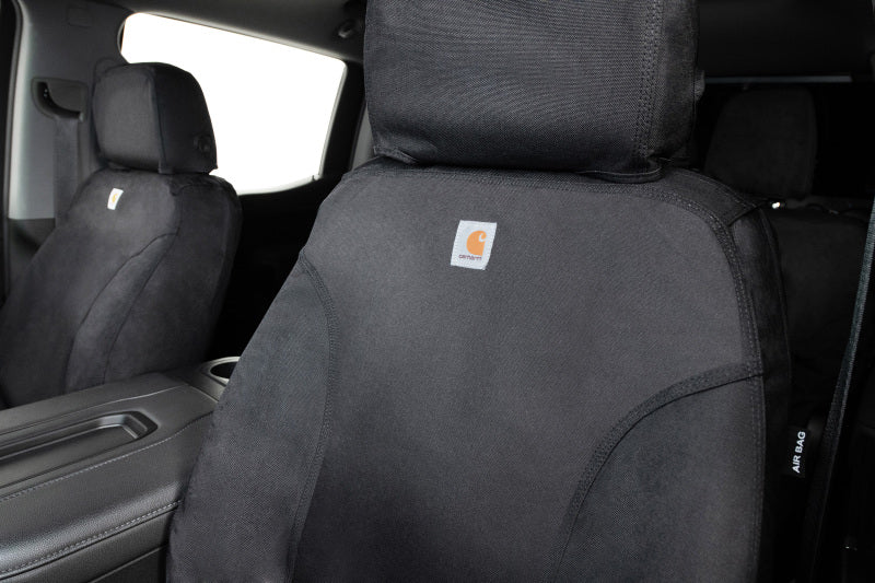 Covercraft Carhartt Black SeatSaver front seat cover for Toyota 4Runner, custom fit, durable fabric, protects front seats.