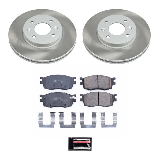 PowerStop Kia Rio5 front semi-coated brake rotor kit showing high-performance brake rotors with vented design for enhanced braking.